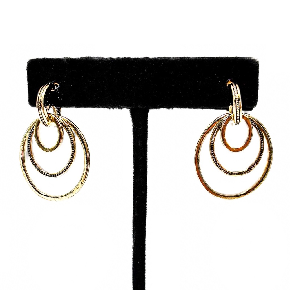 NEW - Elegant Gold Multi-Layer Textured Chic Circle Drop Earrings Statement - Picture 2 of 2